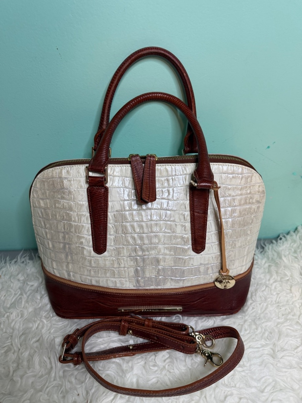 Brahmin Vivian Cream Croc-Embossed Satchel with Brown Trim
